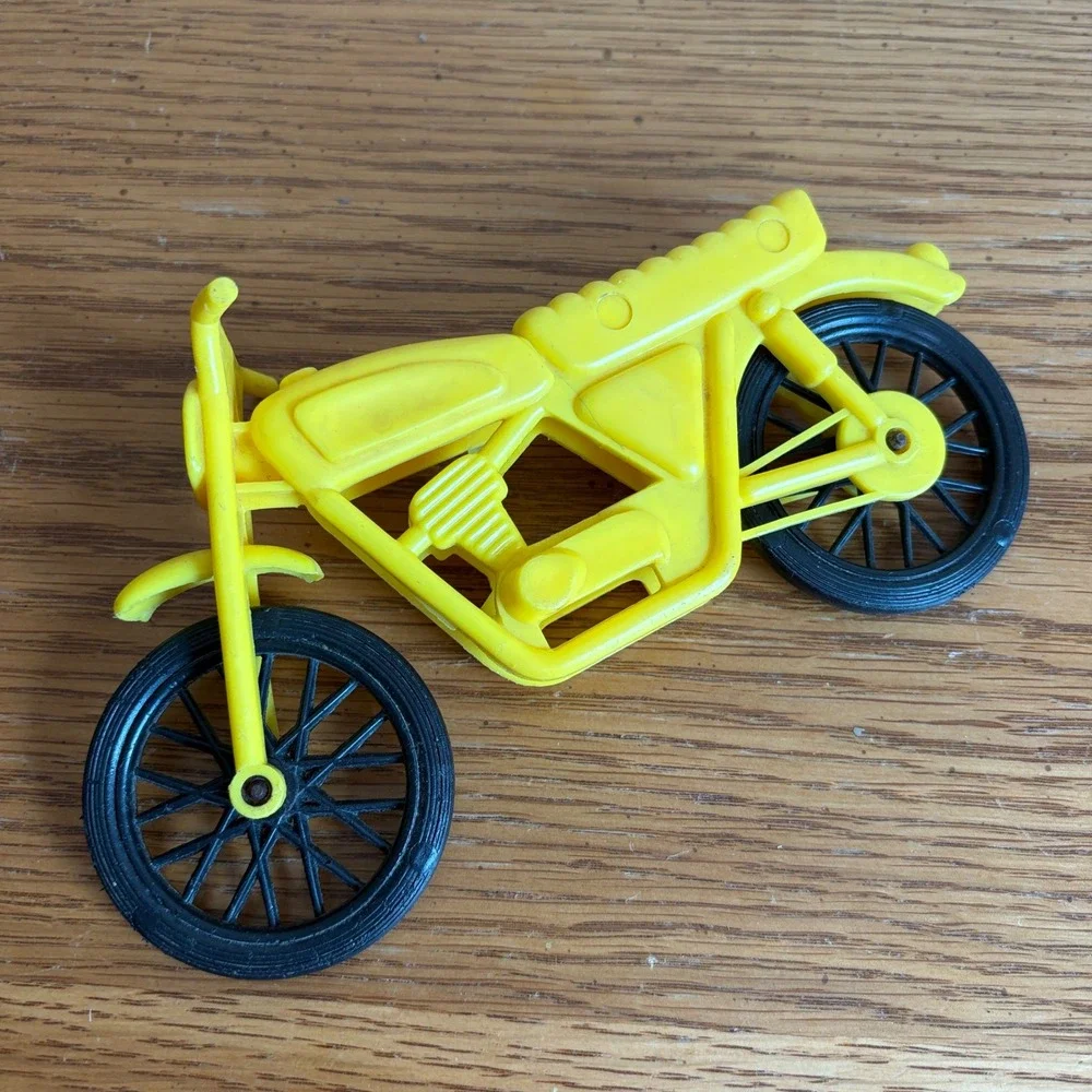 Vintage 1970s Yellow Plastic Toy Motorcycle Dirt Bike Number 4 Racing Retro